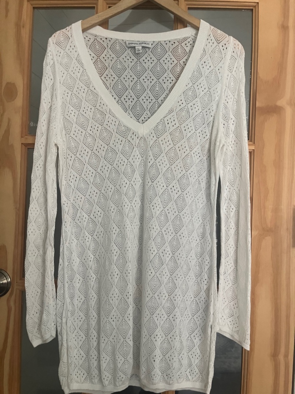 Banana Republic White Crochet/lace open Knit Tunic Top Sz Large long sleeve